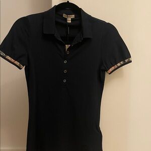 Burberry Navy Short Sleeve Button-Front Polo with Check Trim